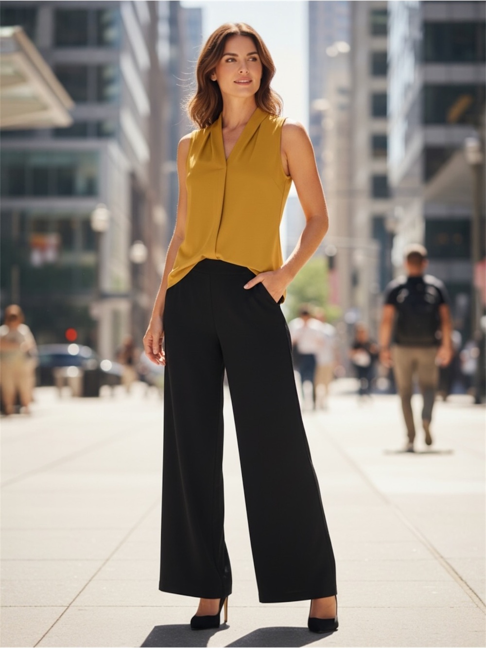 Tahari Sleeveless V-Neck Shell Top in Mustard Yellow